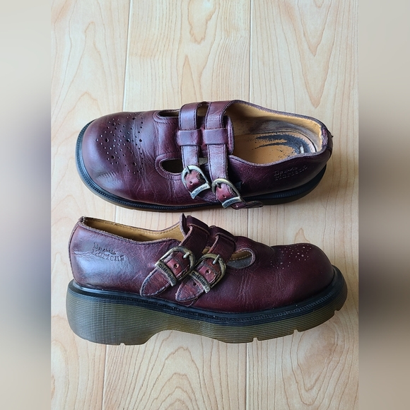 Dr. Martens Shoes - Dr.Marten Mary Janes Burgundy Leather Chunky 90's Vintage Platform Shoes Retro